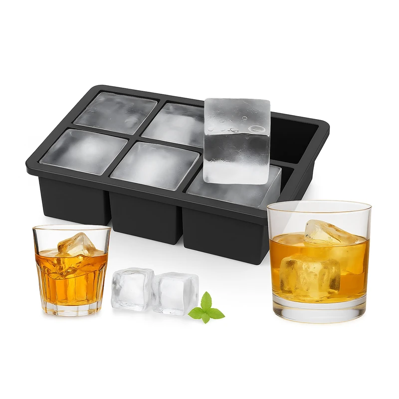 Relaxdays Silicone Ice Cube Tray, Reusable, XXL Mould for 5 cm Ice Cubes, 6 Individual Cubes, Black