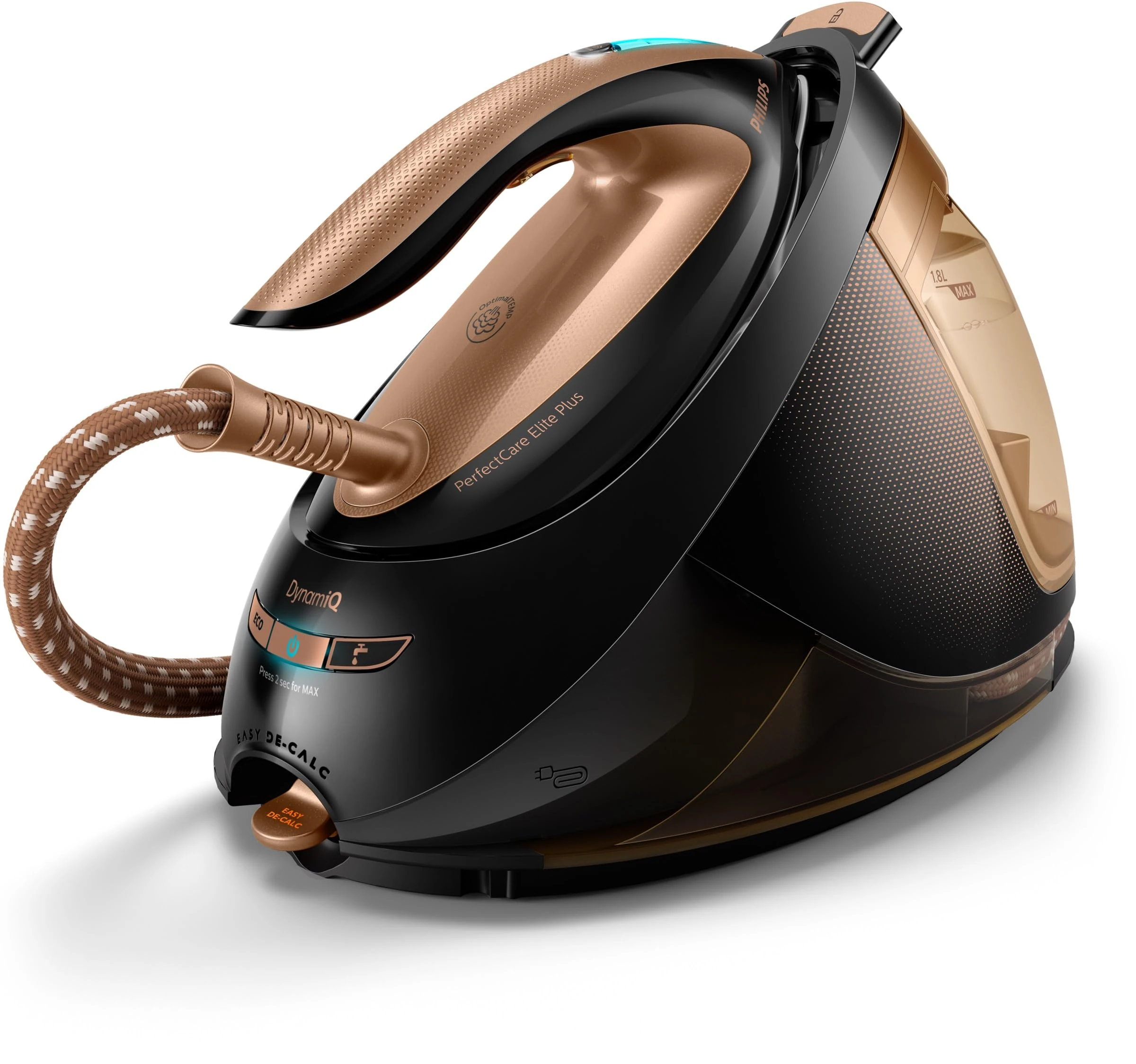 Philips PerfectCare Elite Plus Steam Generator Iron for Large Family Basket Loads, with OptimalTEMP: No Fabric Burns Guaranteed, 8 Bar, 600 g Steam Boost - Black/Gold - (GC9682/86)
