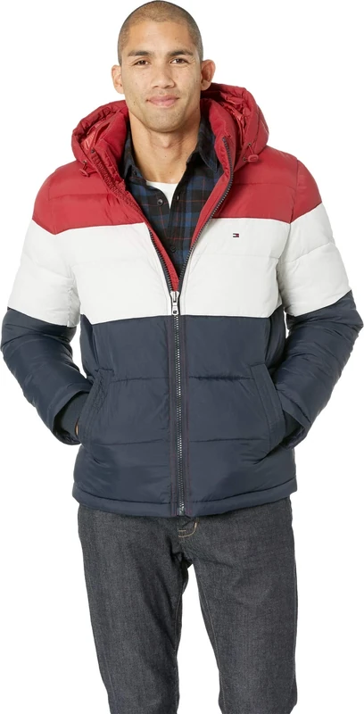 Tommy Hilfiger Men's Hooded Puffer Jacket, Red/White/Midnight, XL