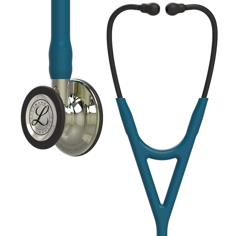3M Littmann Cardiology IV Diagnostic Stethoscope, Champagne-Finish Chestpiece and Stem, Caribbean Blue Tube, Smoke Headset, 27 inch, 6190