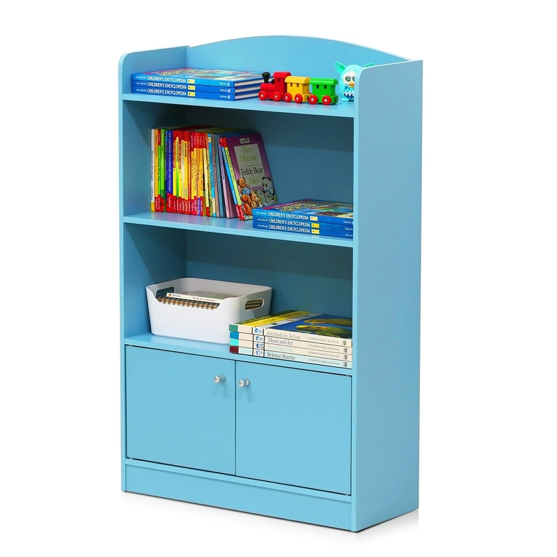 Furinno Lova Bookshelf with Storage Cabinet, Light Blue, 3-Tier with Cabinet