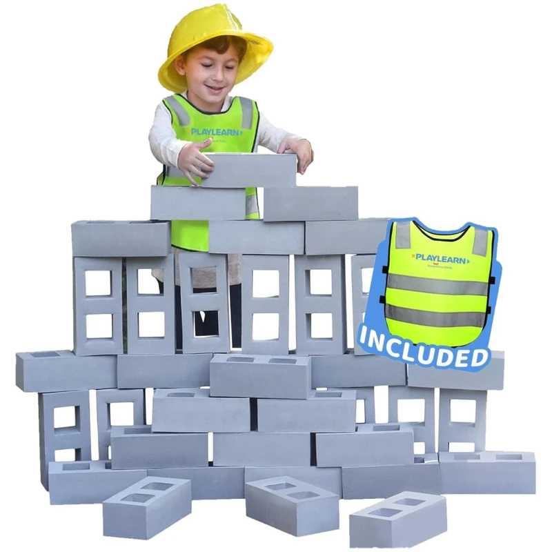 Playlearn Life Size Foam Breeze Block/Brick Construction Building Blocks Toy Role Play Realistic Pack of 20 Foam Building Bricks for Kids Children Construction Toys, Grey