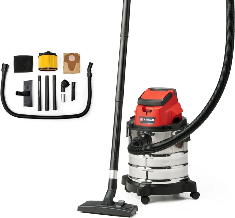 Einhell Cordless Wet and Dry Vacuum Cleaner 18V Power X-Change, 20L Heavy-Duty Stainless Steel Tank, 1.5M Hose, Blow Function Without Battery TE-VC 18 Li Solo