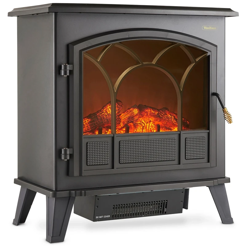 VonHaus Electric Stove Heater 1850W – Electric Fireplace – Indoor Log/Wood Burner Effect, Freestanding Fire, Portable, LED Flame, 2 Heat Settings, Adjustable Thermostat, Black – 2 Year Warranty