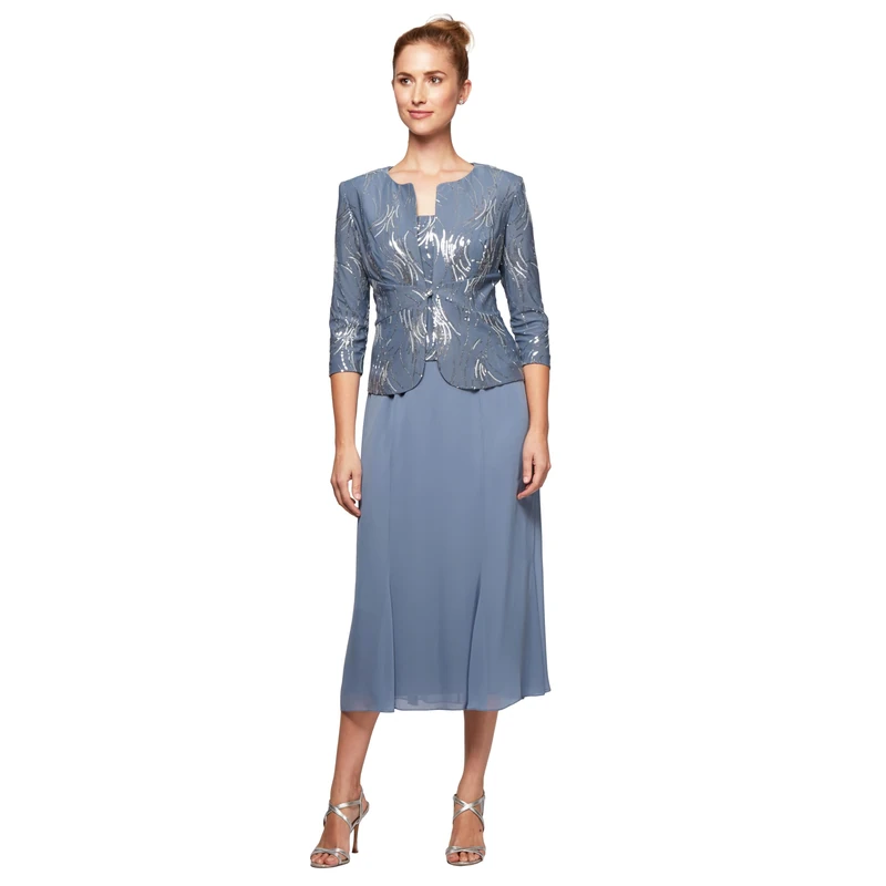Alex Evenings Womens Petite T-Length Mock Dress with Sequin Jacket Dress - Blue - 6 Petite