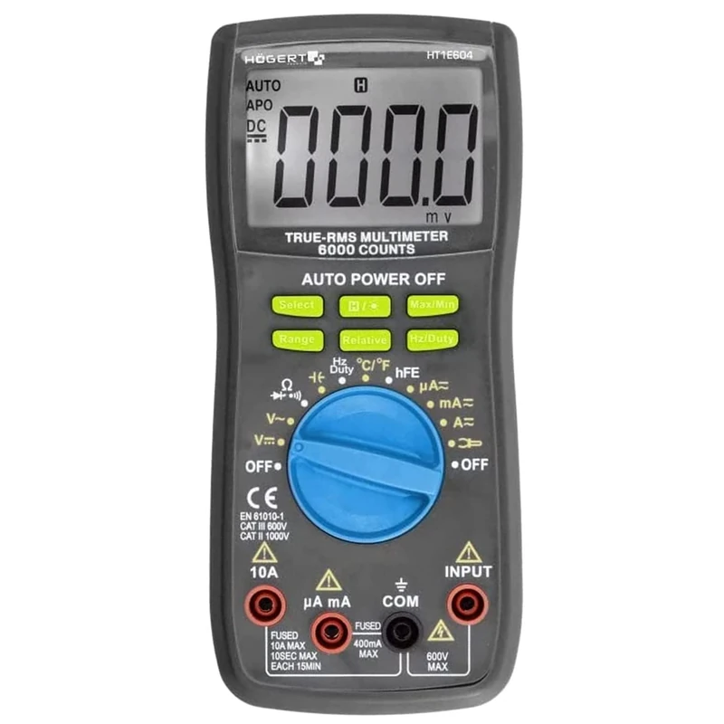 Högert Technik - Multifunctional digital meter I multimeter up to 600 V / 10 A I RMS I LCD screen I rubber coating I ergonomic and compact I includes measuring cable I HT1E604