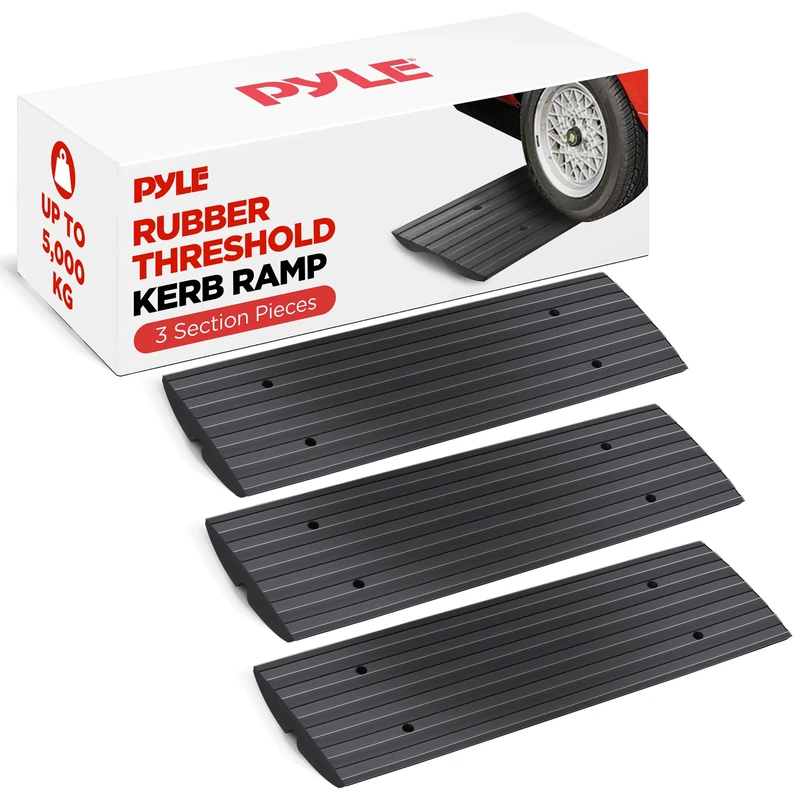 Pyle Heavy Duty Rubber Kerb Ramp Set – 3 Pack Threshold Curb Ramps for Car, SUV, Truck, Driveway, Garage & Loading Dock – High Strength, Non-Slip, Durable Vehicle Ramps
