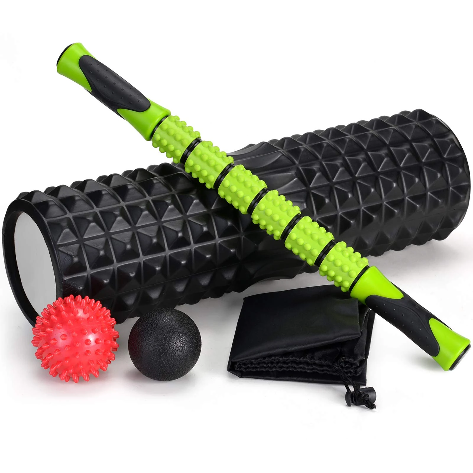 Odoland Foam Roller, 5 in 1 Massage Roller, Foam Roller with Trigger Points + Muscle Roller Stick + Massage Balls + Carry Bag for Crossfit, Pilates