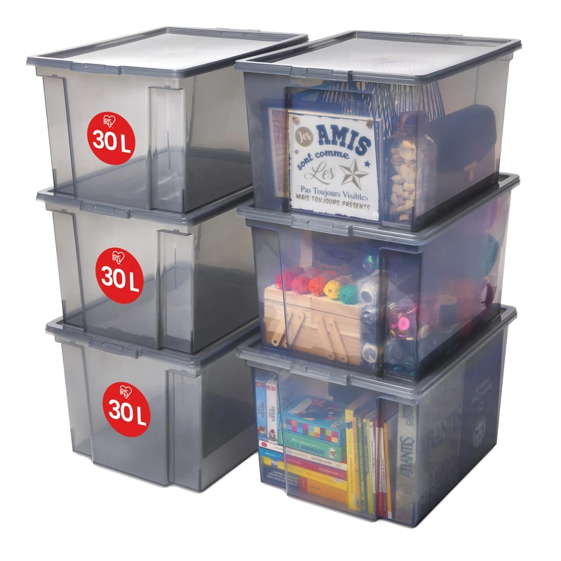 Iris Ohyama, Storage Boxes with Lids, Plastic Storage Box with Lid, Stackable inside & out, 30L/6Pack, BPA Free, Grey, W42 x D35.5 x H26.5cm, USB-M