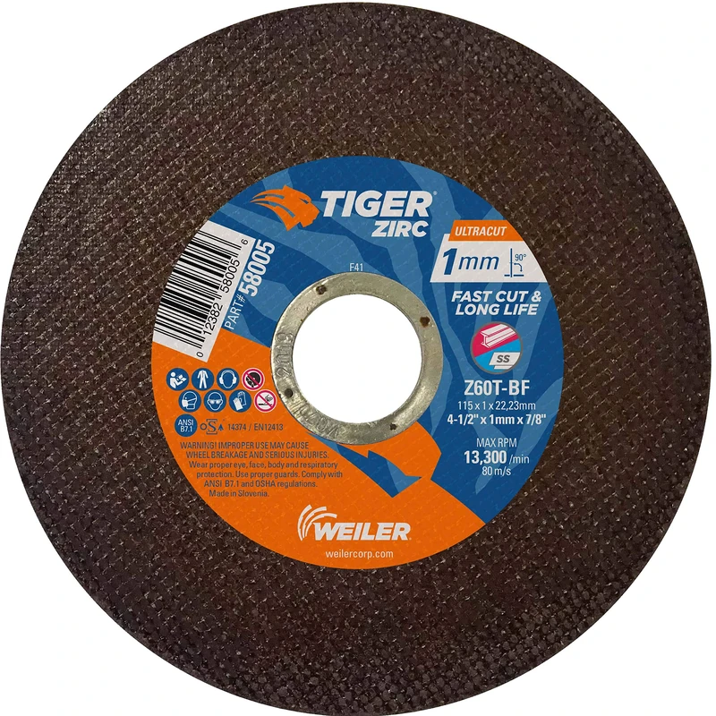 Weiler 58005 4-1/2" x 1mm Tiger ZIRC UltraCut Type 1 Thin Cutting Wheel, Z60T, 7/8" A.H. (Pack of 50) - Image 1