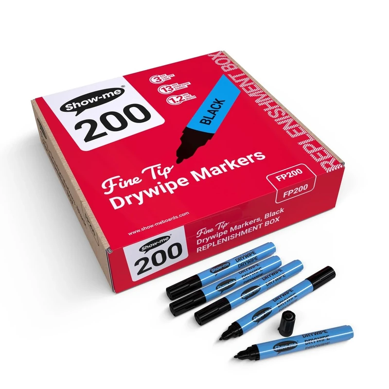 Show-me Fine-Tip Drywipe Whiteboard Pens for Schools and Classrooms – Black (200 Pack of Markers)