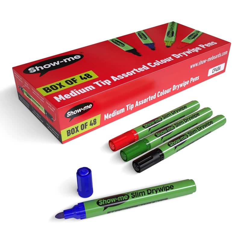 SHOW-ME Medium-Tip Drywipe Whiteboard Pens for Schools, Classroom Whiteboard and Writing Boards (Bulk Multi-Pack of Assorted Colour Pens, CP48A