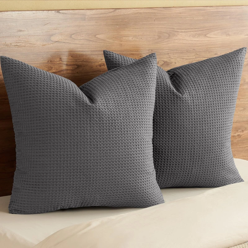 PHF 100% Cotton Waffle Textured Euro Sham, 26" x 26", Set of 2, Home Decorative Euro Throw Pillow Covers for Bed Couch Sofa, No Filling, Charcoal