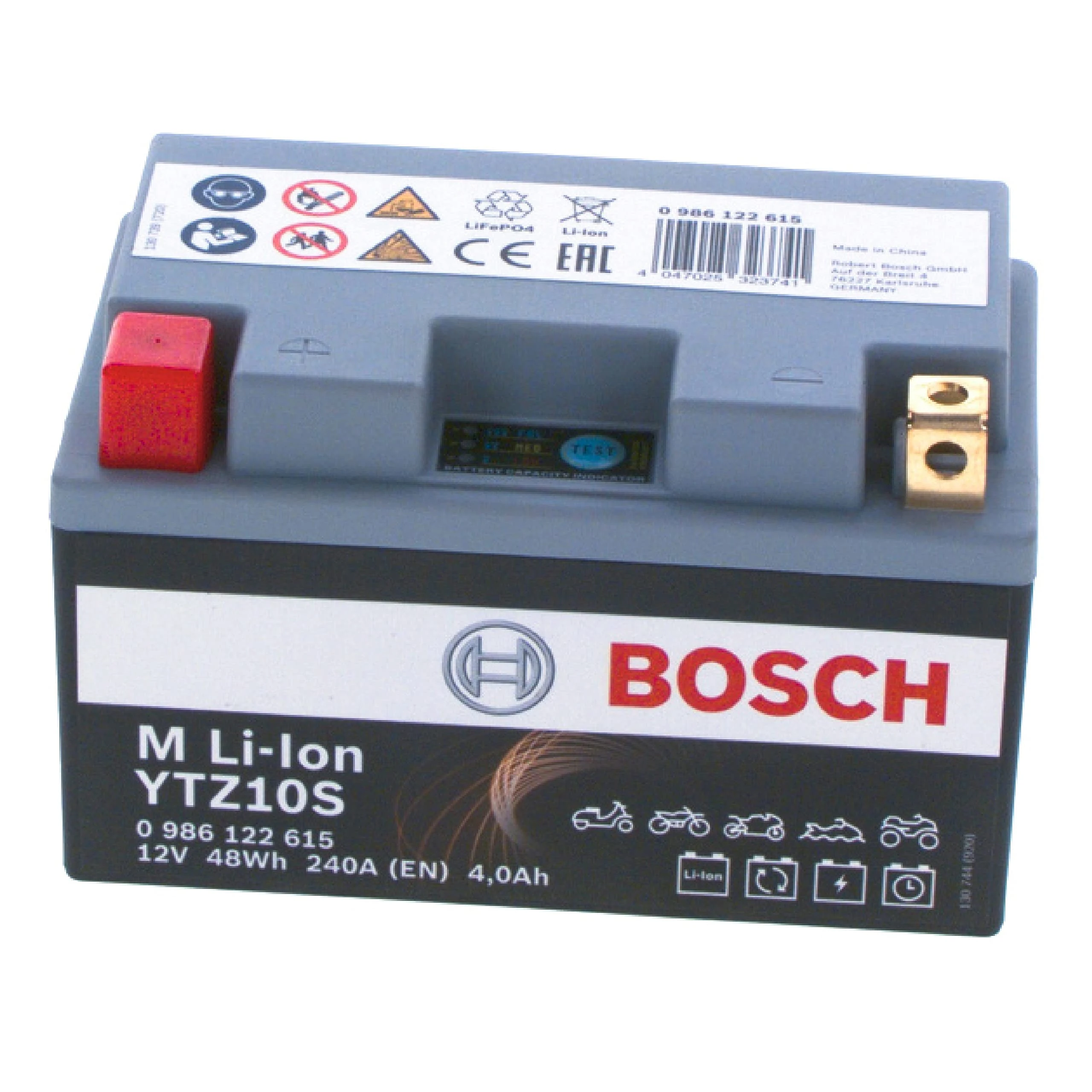 Bosch 0986122615 - Lithium-Ion Motorcycle Battery 12V 240A 4Ah Li-Ion Equivalent up to 12Ah Lead Acid - Suitable for Motorcycles, Motorbikes, Enduros, Scooters, Quads, Jet Skis - BTZ10S