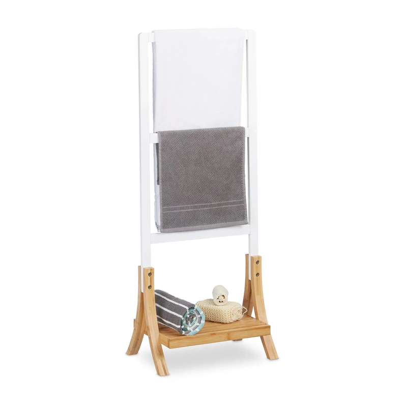 Relaxdays Free-Standing Bamboo Towel Holder, HWD: 104 x 41 x 28.5 cm, 3 Rails and 1 Shelf, Clothes Stand, Natural/White
