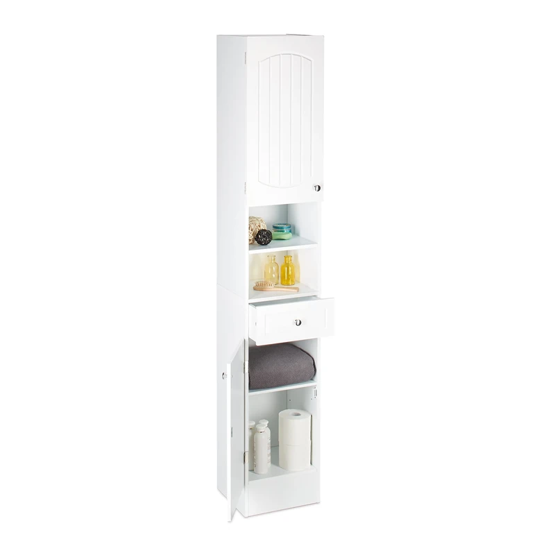 Bathroom Shelf Narrow With Drawer, Multi Purpose Cupboard, Tall Boy Cabinet, H x W x D: 173.5 x 30.5 x 32 cm, White