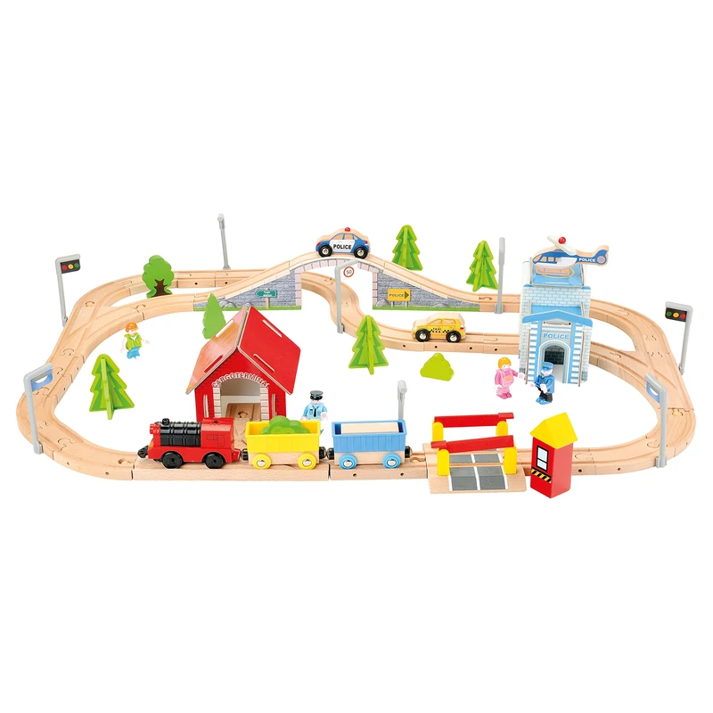 Bino 82207 - Large Wooden Train Set, 80 pcs. Consist Of Battery Operated Locomotive And 2 Wagons And Accesories. For Children From 36 Months.