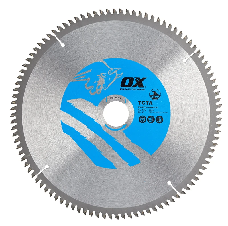 OX Alu/Plastic/Laminate Cutting Circular Saw Blade 250/30mm, 100 Teeth TCG, Silver/ Blue