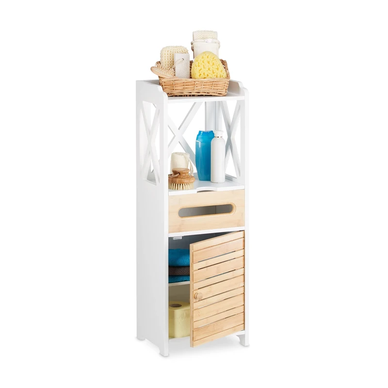 Relaxdays Bathroom Shelf Narrow With 5 Shelves, Multi Purpose Cupboard for Bathroom and Kitchen, Tall Boy Cabinet, White