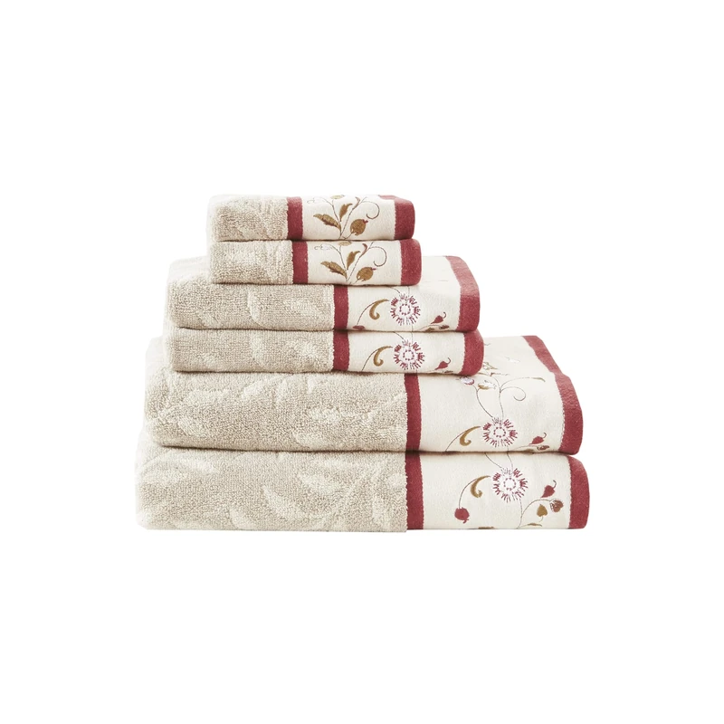 Madison Park Serene 100% Cotton Bath Towel Set Luxurious Floral Embroidered Cotton Jacquard Design, Soft and Highly Absorbent for Shower, Multi-Sizes, Red