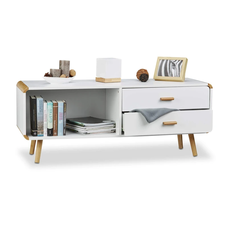 Sideboard with Rounded Edges and 2 Drawers, Long Cabinet with Legs, Low TV Table, HxWxD: 48 x 120 x 40 cm, White