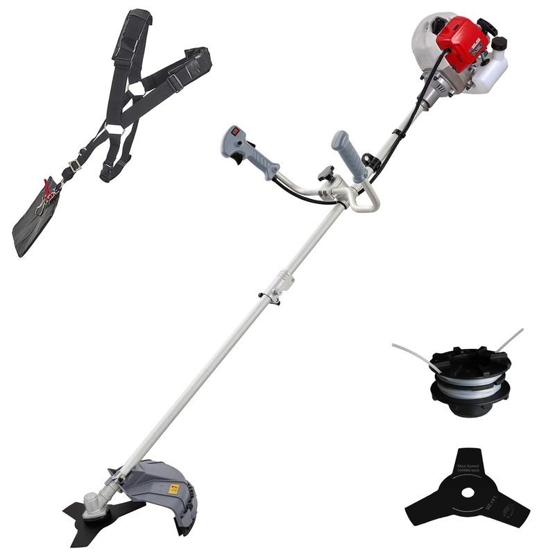 IKRA 73046560 Petrol Brush Cutter Trimmer IBF 43 with Thread Spool 3-Tooth Knife and Shoulder Strap 1.1 kW Grey/Red