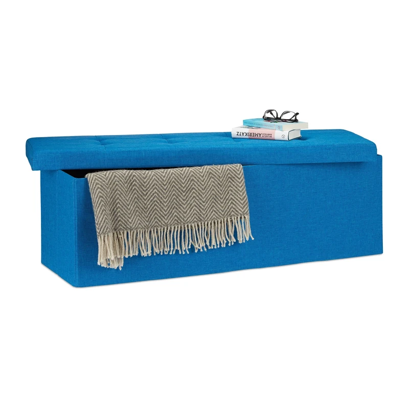 Relaxdays Folding Storage Bench XL, 38 x 114 x 38 cm, Foldable Ottoman Footstool, with Lid, Fabric, Blue, Fibreboard, Large
