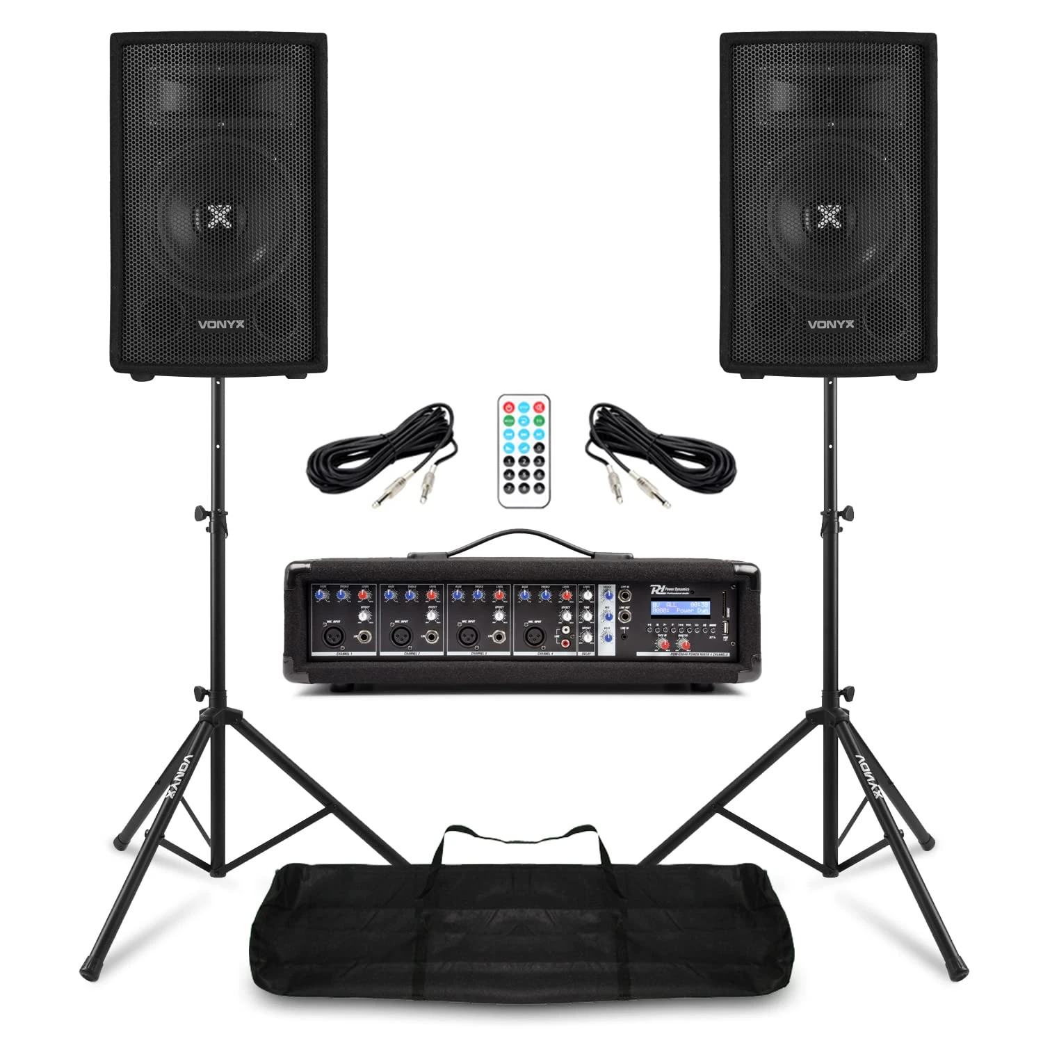 Band PA System Package with 2x Vonyx SL8 8-Inch Passive Speakers, 4-Channel Mixer Amp, Tripod Stands and Cables – Portable PA System for Bands, Churches, Singers, DJs, Small Gigs, Rehearsals, Schools