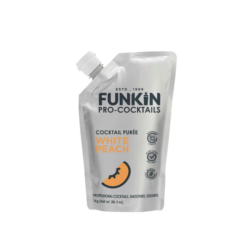 FUNKIN White Peach Puree Cocktail Mixer | Made with Real Fruit | Fresh Fruit Puree for Professional Cocktails, Smoothies, & Desserts | 0% ABV | Resealable Pouch | 1kg, Pack of 5