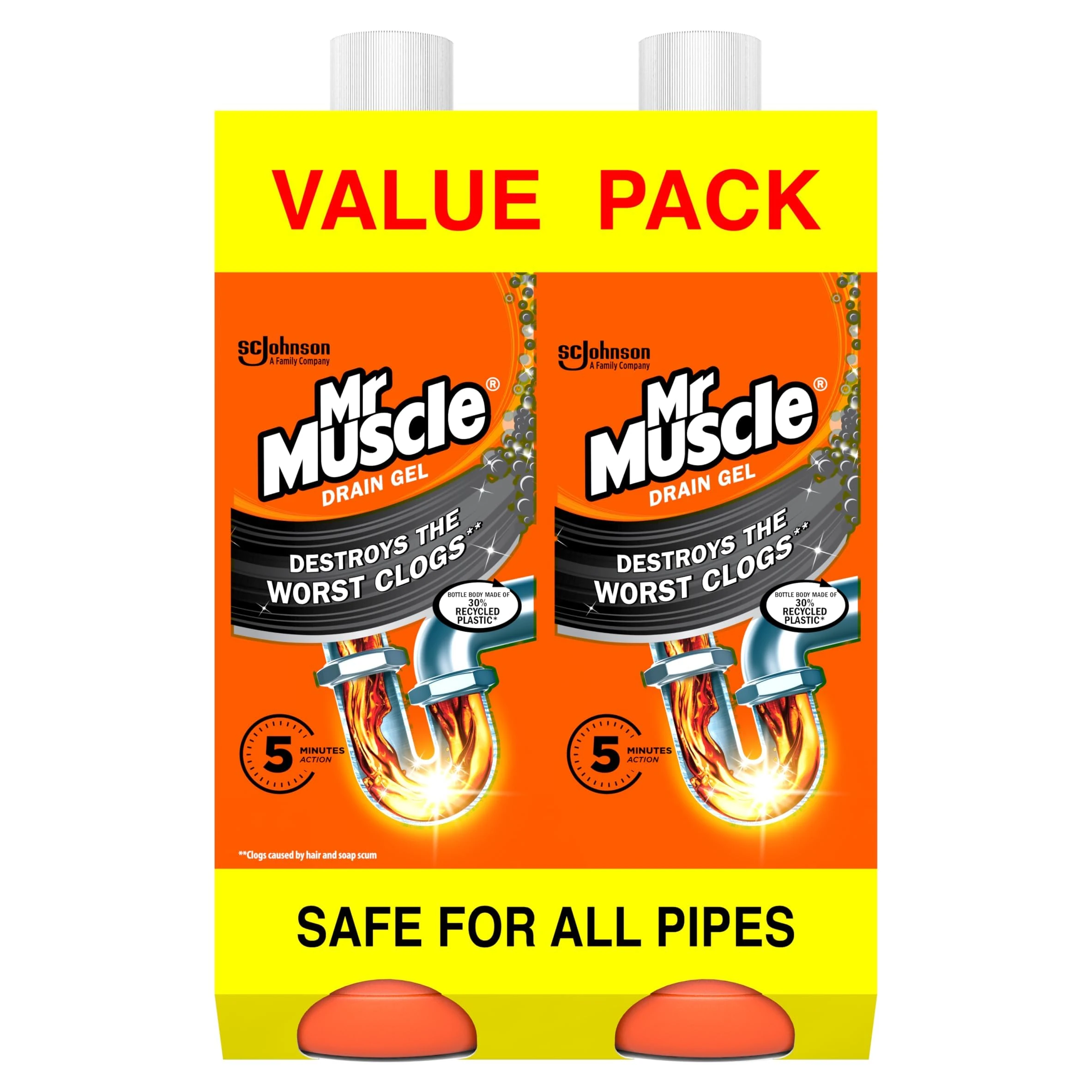 Mr Muscle Drain Unblocker, Sink & Drain Cleaner, Fast Acting Heavy Duty Gel Formula, Dissolves Clogs, Works 3x Better Than Bleach, Safe for All Pipes, Duo Pack, (2 x 1L)