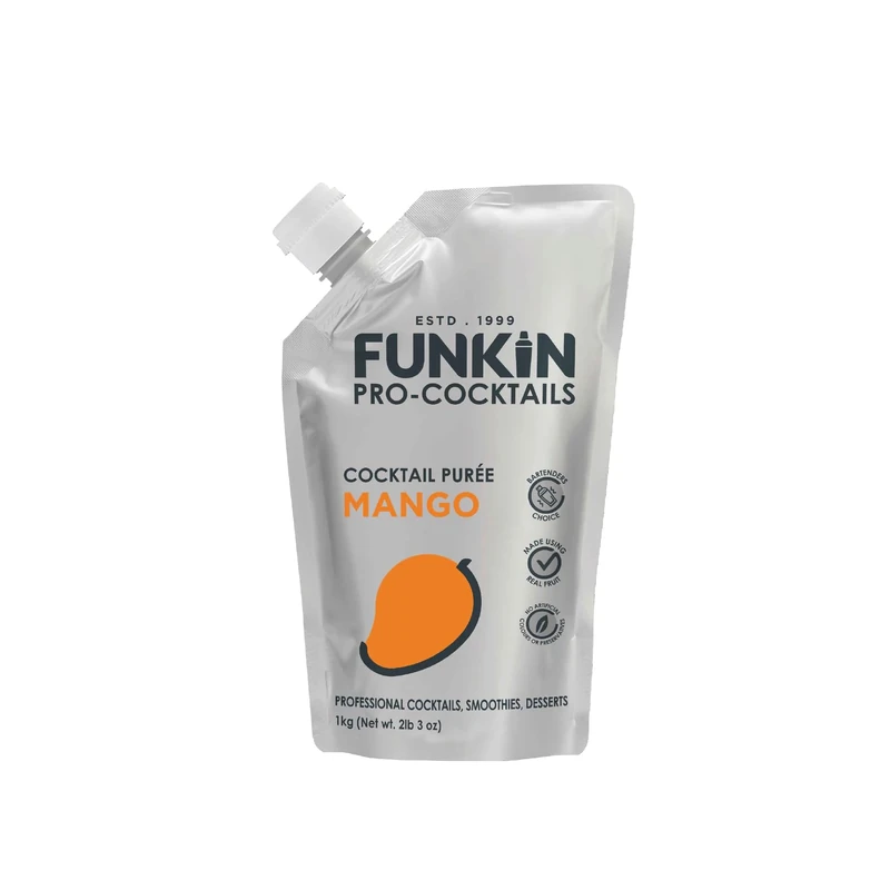 FUNKIN Mango Puree Cocktail Mixer | Made with Real Fruit | Fresh Fruit Puree for Professional Cocktails, Smoothies, & Desserts | 0% ABV | Resealable Pouch | 1kg, Pack of 5