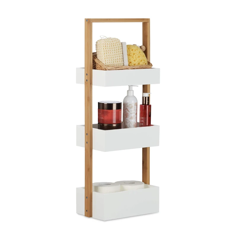 Relaxdays 3-Tier Shower Caddy, Tidy Organiser, Free Standing Shelves, HWD: 76 x 30 x 18.5cm, Wooden, White/Natural