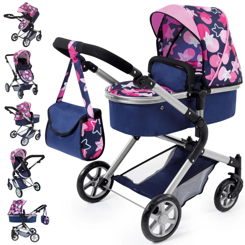 Bayer Design 18169AA Doll's Pram City Neo with Changing Bag and underneath shopping basket, convertable to a pushchair, Blue/Pink