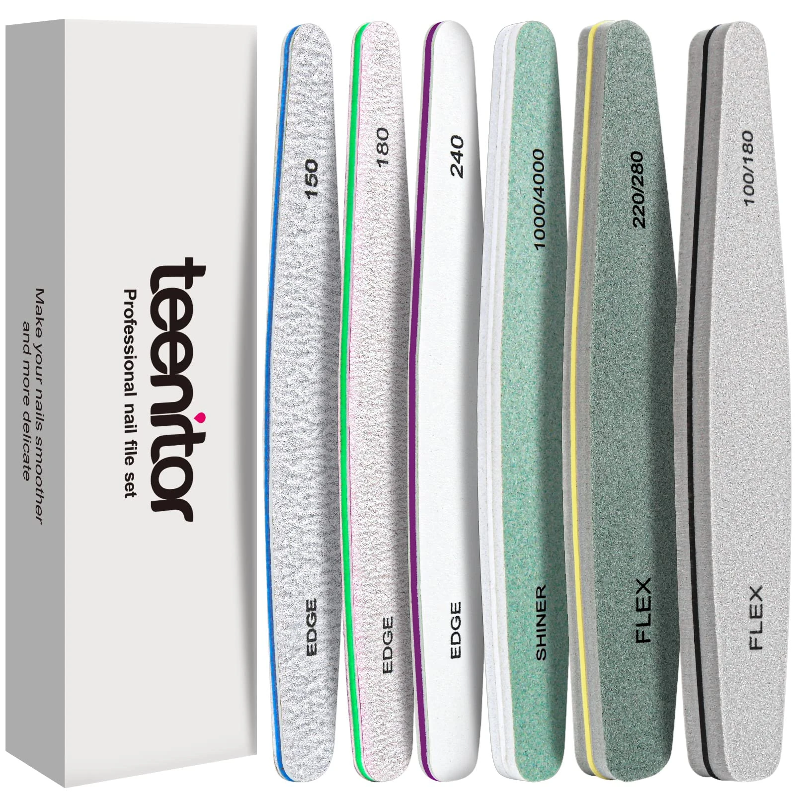 Teenitor Nail File and Buffer Set, 6 Count Nail Files & Nail Buffer Blocks for Natural Nails, Emery Boards for Nails, 100/180 Grit Nail Files for Acrylic and Gel Nails 240 Grit