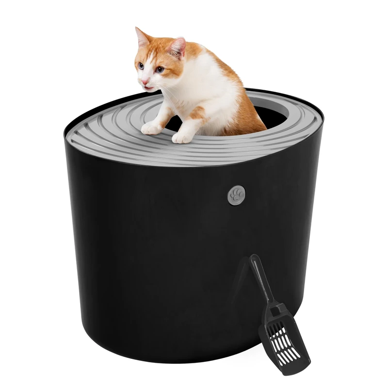 IRIS USA Cat Litter Box, Top Entry Litter Box with Scoop, Stylish Round Cat Litter Box Enclosure, Kitty Litter Box, Black/Gray