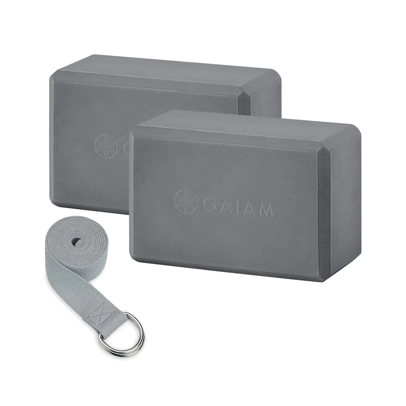Gaiam Essentials Yoga Block 2 Pack & Strap Set - Grey - Image 1