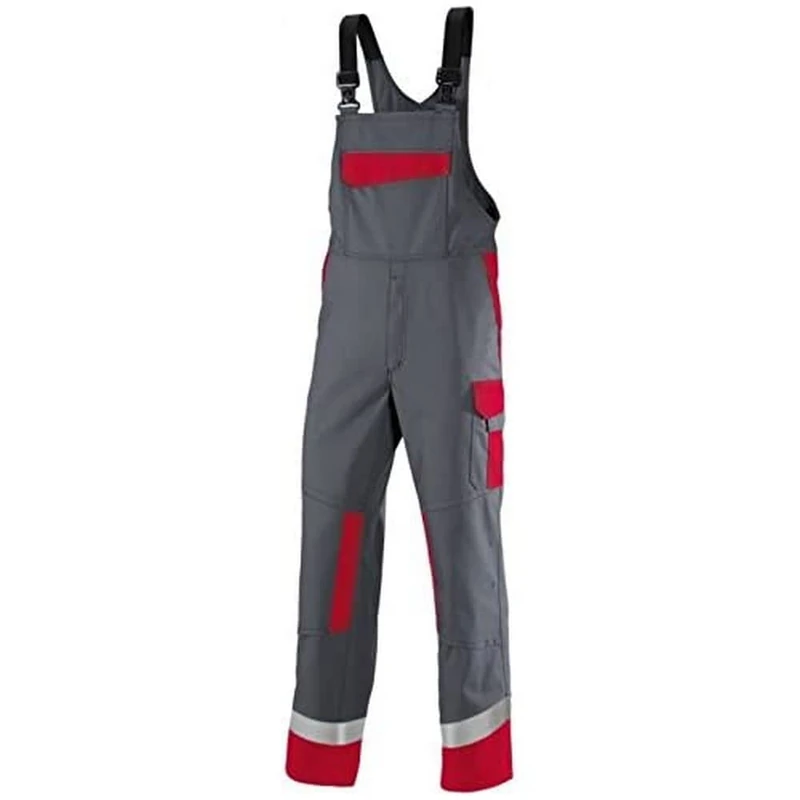 BP 1844-720-53 Bib & Brace, Stretch Braces And Pockets, 305,00 G/M², Reinforced Cotton, Dark Grey/Red, Size 35/36L
