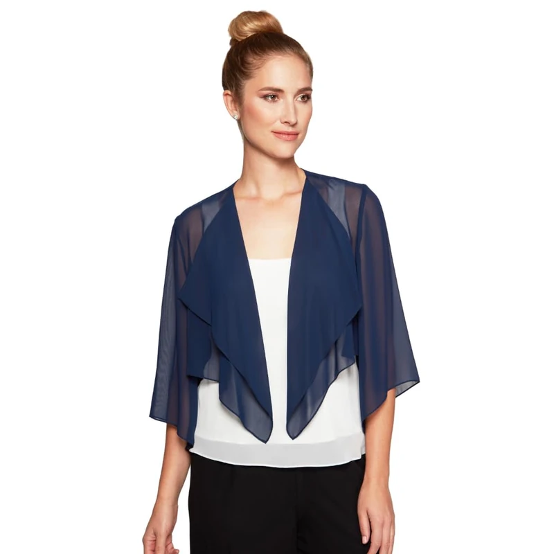 Alex Evenings Women's Chiffon Hanky Short Bolero Jacket Special Occasion Dress, Navy, M