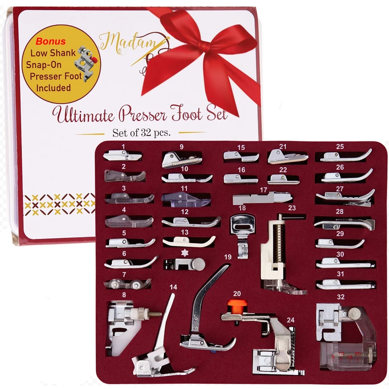 Madam Sew Presser Foot Set 32 Piece Set | The ONLY Sewing Machine Presser Foot Kit with Manual, DVD & Deluxe Storage Case | Numbered Slots for Organization | Compatible with Most Sewing Machines