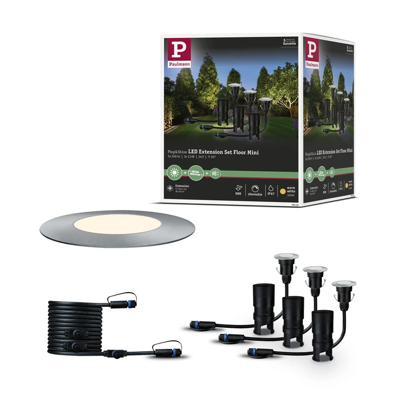 Paulmann 93949 Outdoor Plug & Shine Set Ground recessed Lighting IP65 3000K 3x2.5W 24V 55mm Silver Stainless Steel/Plastic