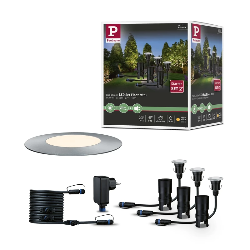 Paulmann 93697 Outdoor Plug & Shine Floor Mini Set IP65 3000K 3x2.5W 24V 55mm Silver, 5.5 x 5.5 x 9 cm