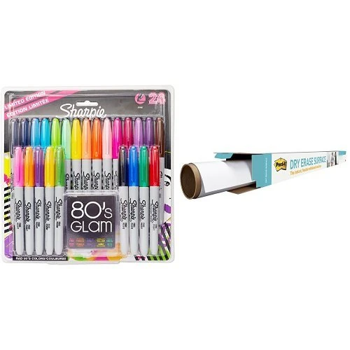Post-it 121.9 x 182.9 cm Super Sticky Dry Erase Film and Sharpie Fine Point Permanent Marker - Assorted Colours, Pack of 24