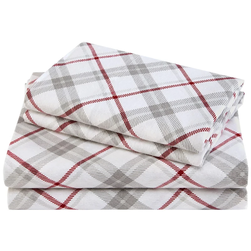 Comfort Spaces Cotton Flannel Breathable Warm Deep Pocket Sheets with Pillow Case Bedding, King, Grey/Red Plaid 4 Piece