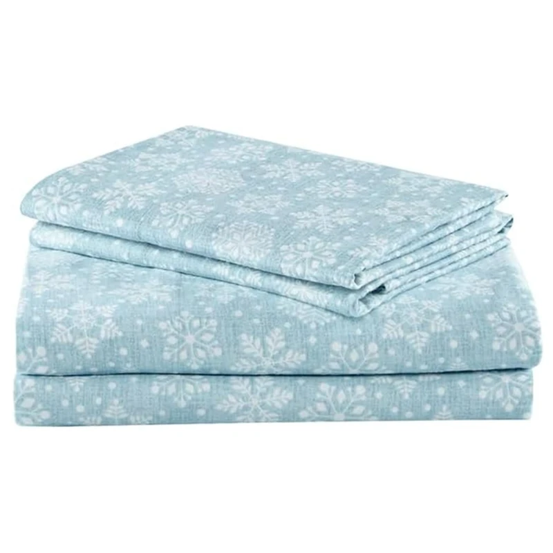 Comfort Spaces Cotton Flannel Breathable Warm Deep Pocket Sheets with Pillow Case Bedding, Cal King, Blue Snowflakes 4 Piece