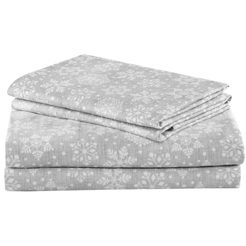 Comfort Spaces Cotton Flannel Breathable Warm Deep Pocket Sheets with Pillow Case Bedding, Cal King, Grey Snowflakes 4 Piece