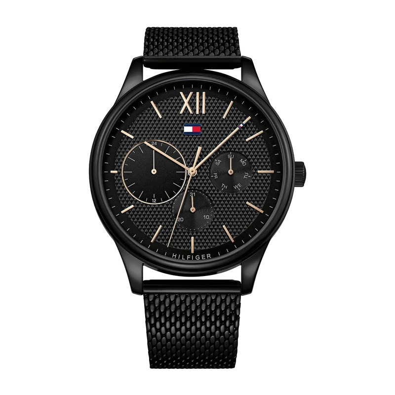 Tommy Hilfiger Men's 44mm Multifunction Quartz Watch - Black Dial with Clou de Paris Pattern, Black Stainless Steel Mesh Bracelet, 5ATM Water Resistant - 1791420 - Image 1