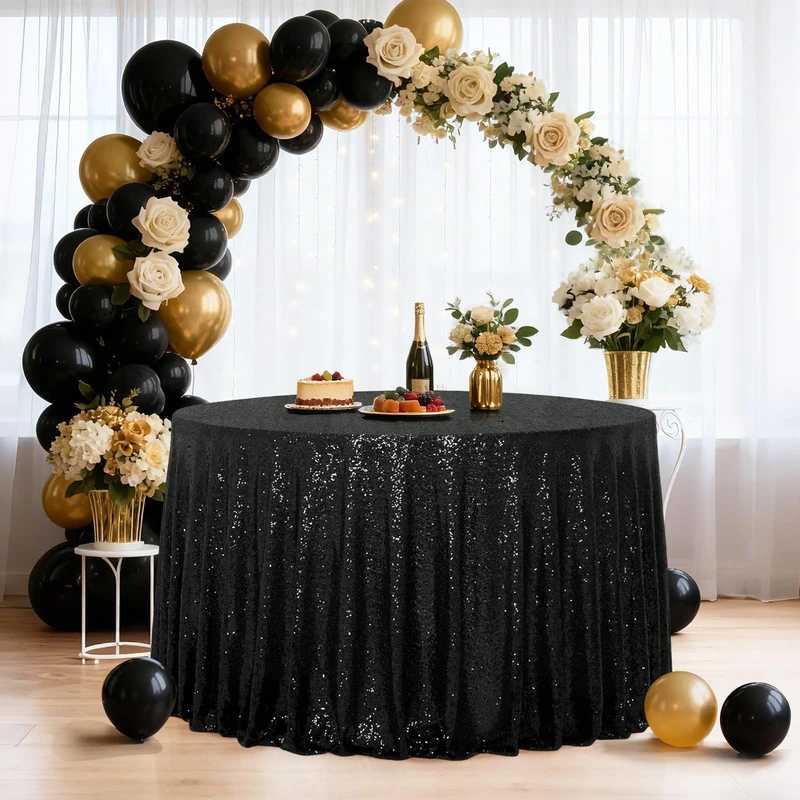 Eternal Beauty Halloween Tablecloth Sequin Tablecloth,Sparkly Table Cloth for Wedding Party, Christmas Decorations Round Glitter Tablecloth (120", Black)