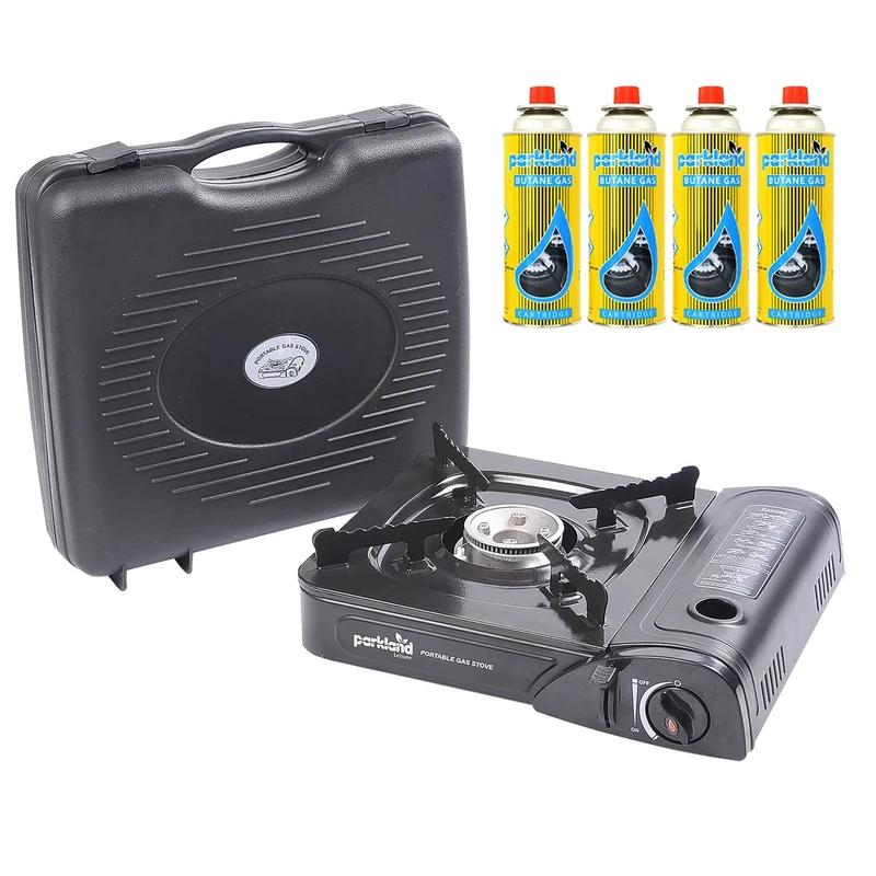 Parkland® Portable Single Burner Hob Camping Gas Stove Cooker + 4 Gas Refills