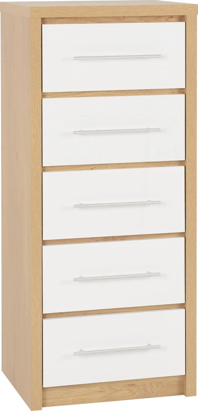 Seconique Seville 5 Drawer Narrow Chest in White Gloss/Light Oak Effect Veneer