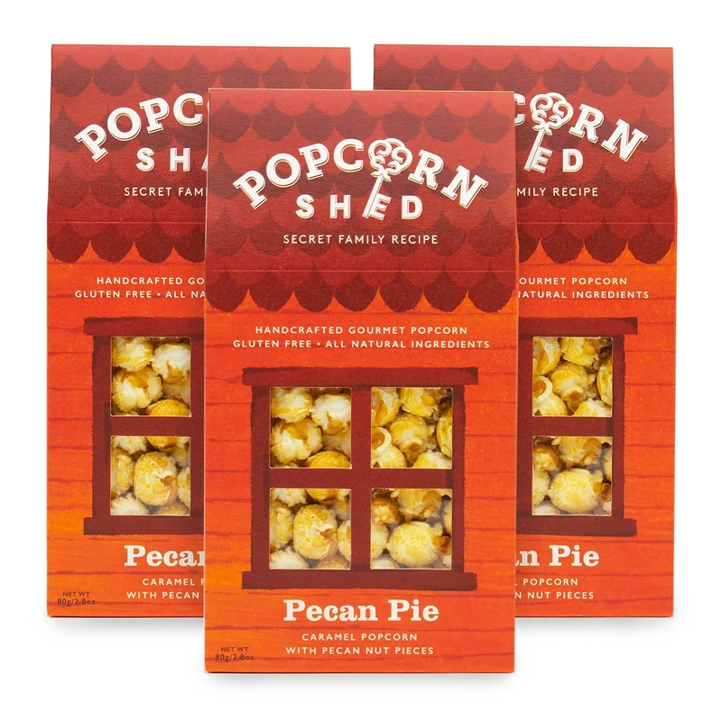 Popcorn Shed Pecan Pie Gourmet Popcorn (3 x 80g) - Pecan Caramel Popcorn with Pecan Nut Pieces, Easy & Low Calorie Snack, Perfect for Parties, Movie Nights & Gifting